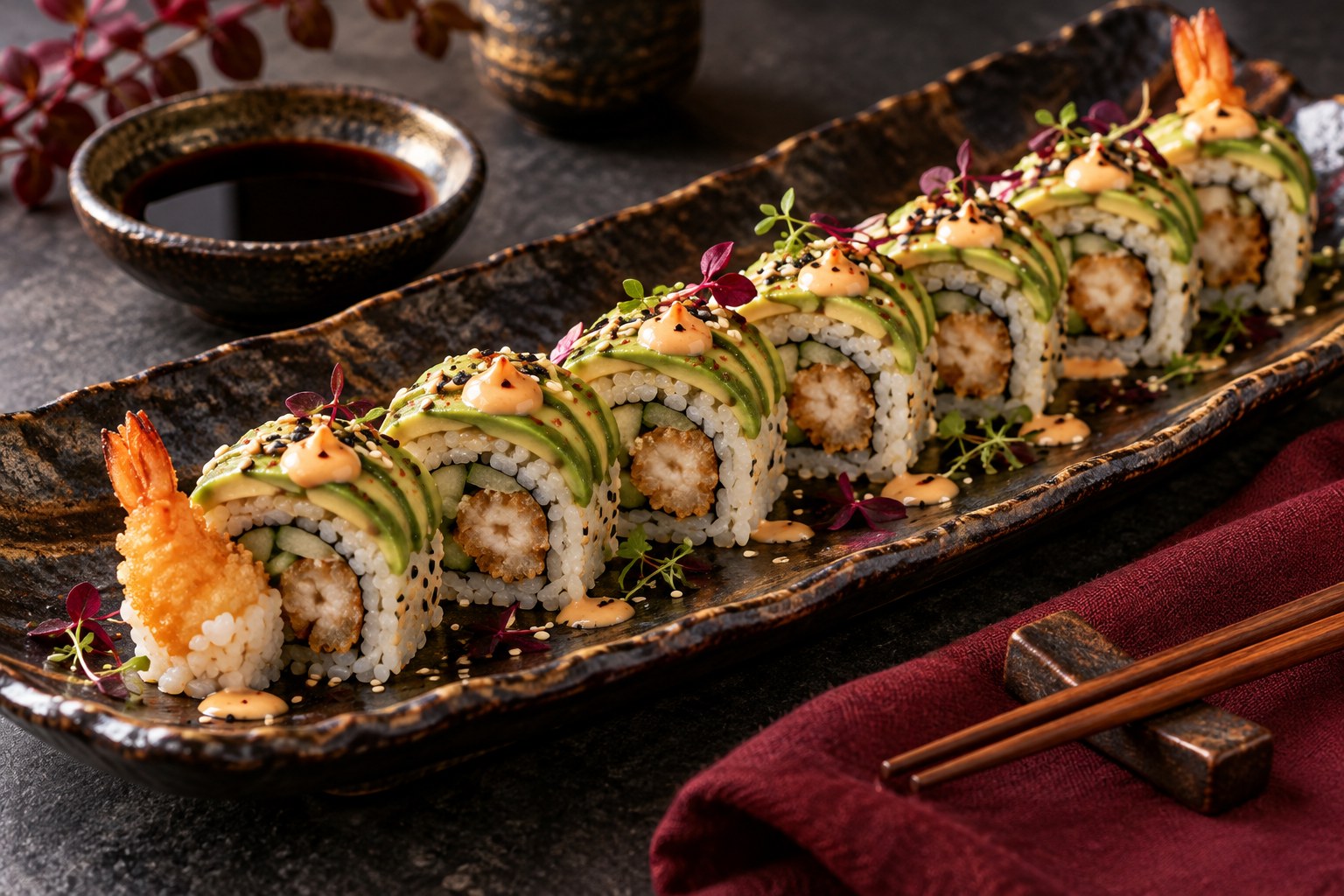 Avocado-topped shrimp tempura sushi rolls on a dark plate